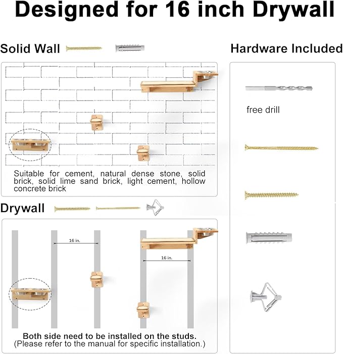 FUKUMARU Cat Wall Shelves, 3 In 1 Cats Walls Furniture Set, Food Station with 2 Steps , Solid Rubber Wood Perch, Suitable for Kitten Play, Nap, Eat, DIY Wall Jungle Gym
