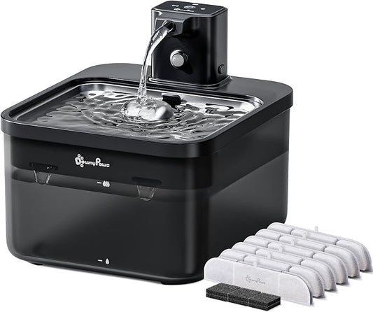 DownyPaws Cat Water Fountain Stainless Steel Cordless, 84oz/2.5L Fursink Wireless Pet Water Fountains for Cats Indoor, Battery Operated Cat Drinking Fountain, BPA-Free, Black with 6 Filters