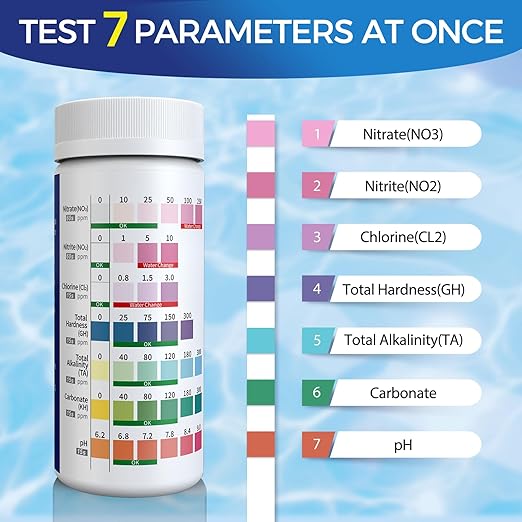 Aquarium Test Strips 7 in 1 for Freshwater 100 Strips Fish Tank Water Testing Kit for Aquarium Pond -Testing Nitrate Nitrite Hardness Chlorine pH Carbonate Alkalinity Accurate