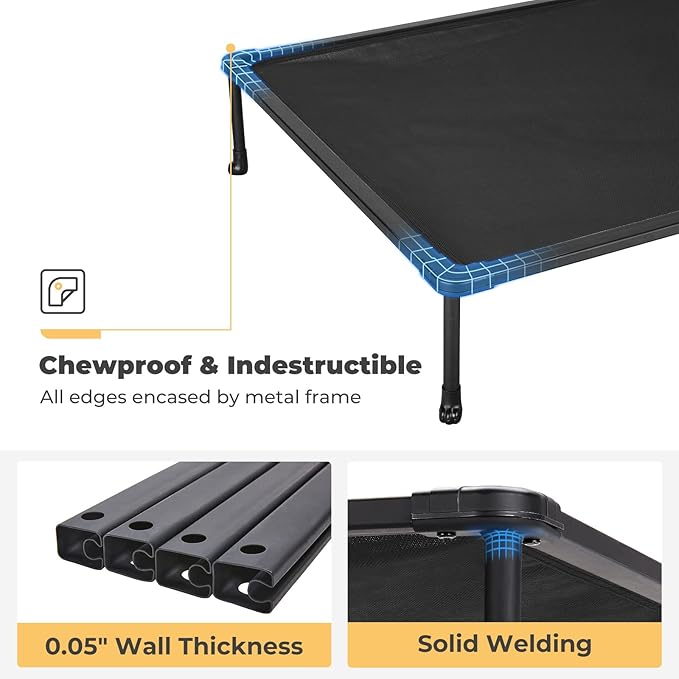 Veehoo Chewproof Elevated Dog Bed - Cooling Raised Pet Cot, Breathable Mesh, Washable & Non-Slip for Large Dogs, Indoor/Outdoor, Black Mat and Black Frame, 49x33inches (Model CWC2203A03)