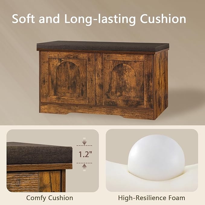 DINZI LVJ Shoe Bench, Entryway Storage Bench with Doors, Cushion, 2-Tier Shoe Rack with 6-Cubby, 31.5”L x 13.8”W Shoe Organizer Cabinet, Adjustable Shelf, Living Room, Bedroom, Rustic Brown