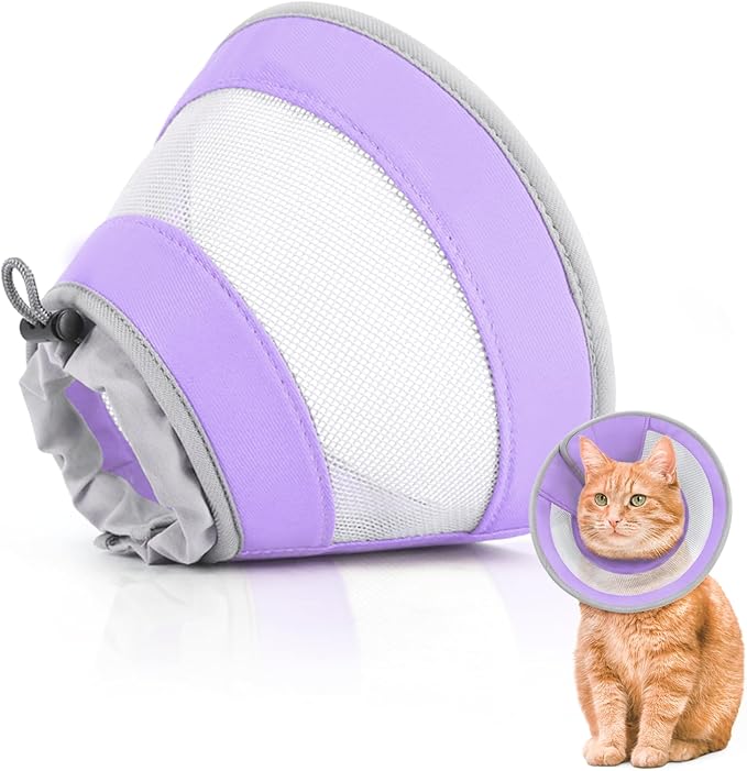 Breathable Air Mesh Cat Cone Collar Soft to Stop Licking, Adjustable, Foldable Lightweight Kitten Cones After Surgery Recovery for Cats & Kittens (Purple, S)