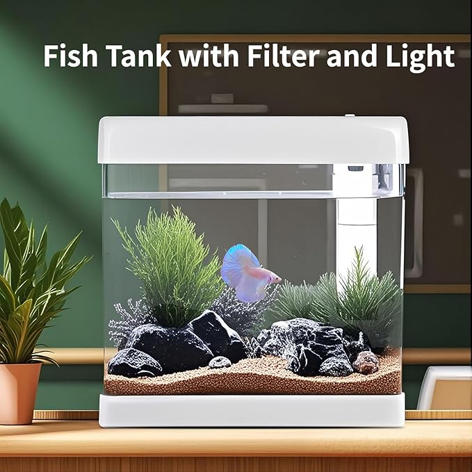 5 Gallon Glass Small Fish Tank,Betta Fish Tank with Filter and Light,White Aquarium Starter Kit.