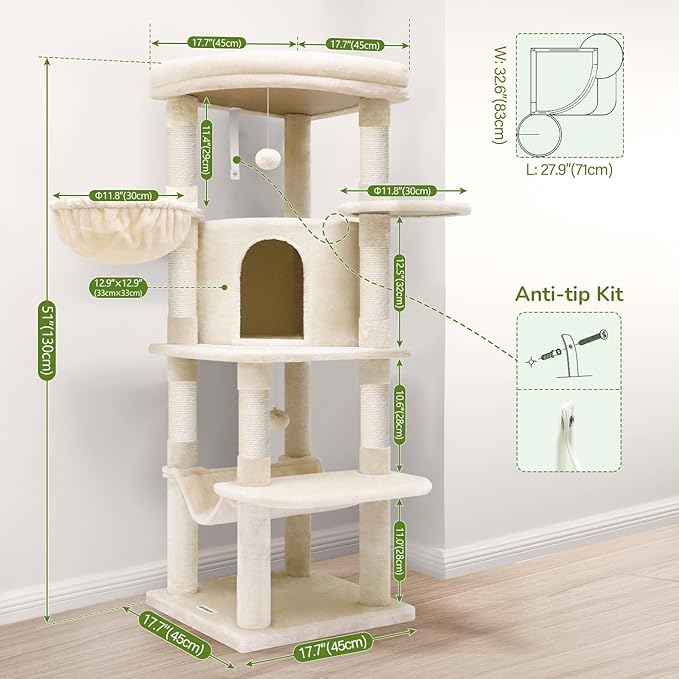 Globlazer Corner Cat Tree, 51in Curved Series Modern Cat Tower for Indoor Cats with Hammock, 7 Sisal Scratching Posts, Large Fan-Shaped Platform for Large Cats, Cat Condo & Hanging Basket, C51, Beige