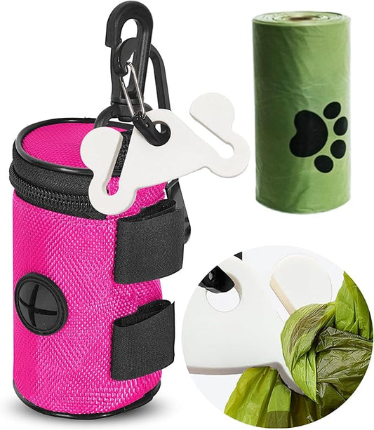 Dog Poop Bag Dispenser for Leash Attachment - Portable Set With Waste Bags & Hand-Free Carrier, Fits Any Leash, Round, Pink