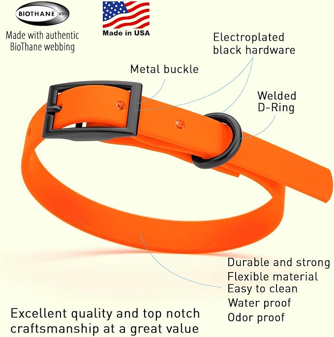 Dogline Biothane Waterproof Dog Collar Strong Coated Nylon Webbing with Black Hardware Odor- Proof for Easy Care Easy to Clean High Performance Fits Small Medium or Large Dogs, Hunter Orange