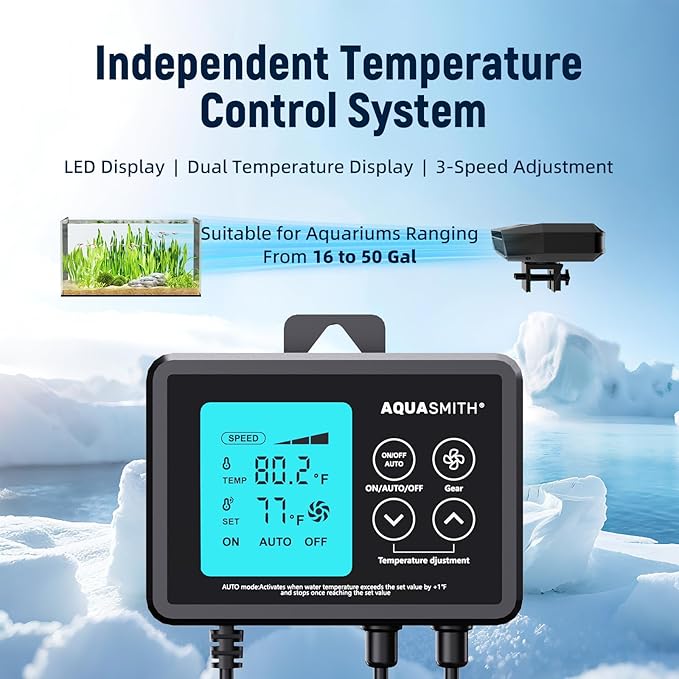 Aquarium Chiller Fan,Fish Tank Cooler with Temperature Control,Minimum Setting 59℉,Auto Start/Stop,Refrigeration Effect 5.4-9℉,3-Speed Modes,for Axolotl Seawater Freshwater Coral Grass Tank