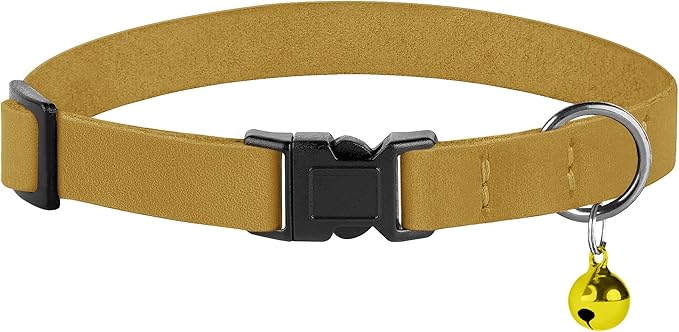 Breakaway Cat Collar Leather with Removable Bell - 13 Colors Available - Soft Adjustable Girl Boy Safety Lightweight Pet Kitten Collars Pink Brown Blue Green Red Orange Black (Mustard)