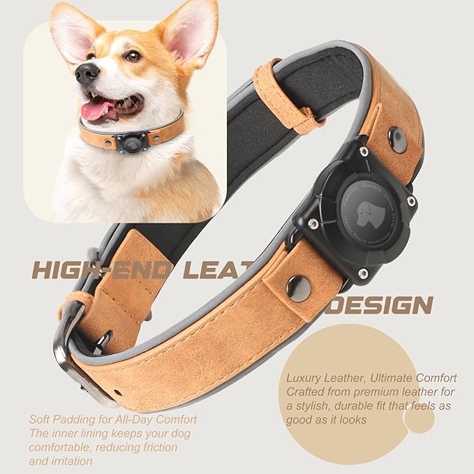 AirTag Dog Collar - Leather Dog Collar with Air Tag Holder | IPX8 Waterproof, Reflective, High - End, Adjustable Soft Padded | Dog GPS Tracker Collars Fit for Medium Large Dogs (Light Brown, M)