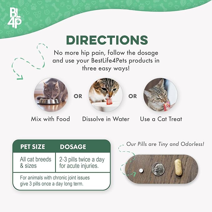 Cat Hip and Joint Pain Relief Supplement, Cat Arthritis Pain Relief, Heal from Sprains, Inflammation and Injuries, Improve Mobility, Natural Easy-to-Swallow, Odorless, Tasteless, 400 Pills