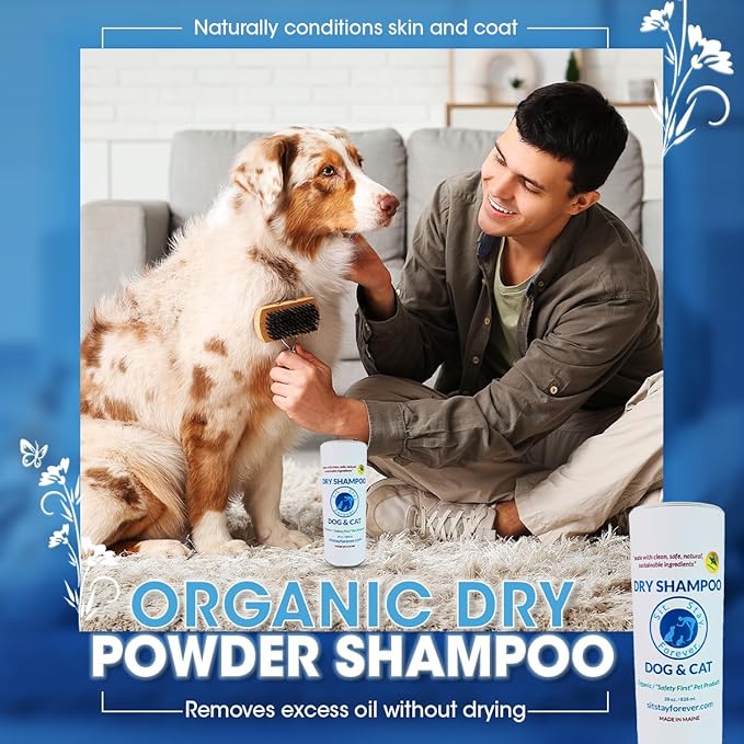 Sit. Stay. Forever. Dry Shampoo for Dogs & Cats – Organic Dry Bath Powder, Talco para Perros, Hypoallergenic, Odor Control for Smelly Dogs, No-Rinse, Anti-Itch, Safe & Natural, Made in The USA, 7 oz