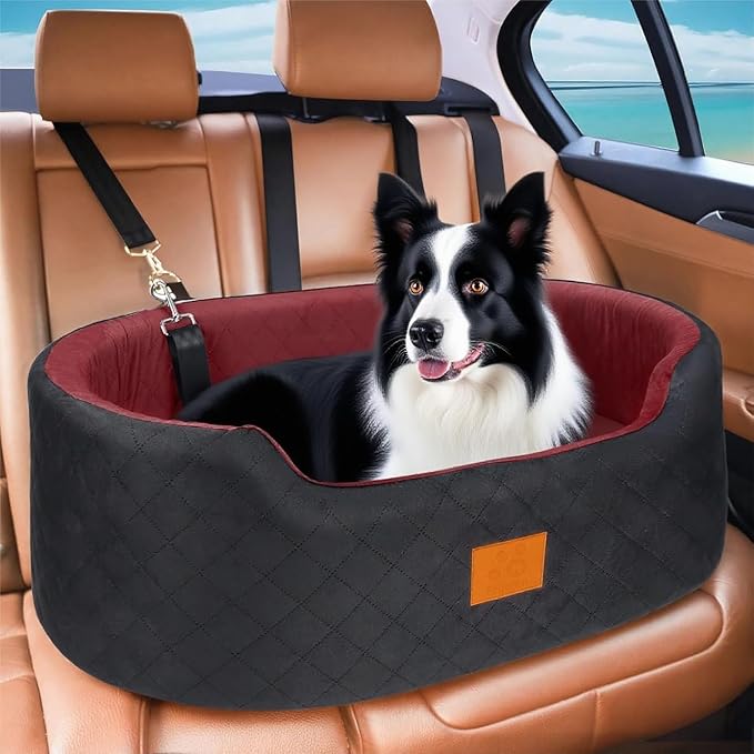 Dog Car Seat for Medium Dogs Up to 50 lbs, Pet Booster Seat for Cars SUVs and Trucks, Travel Dog Bed with Safety Strap, Thick Cushion, Non-Slip Base, Washable and Portable(Black/Red