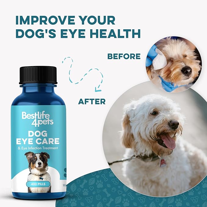Dog Eye Care & Infection Treatment, Natural Dog Supplements for Conjunctivitis, Swelling, Dry Eyes and Discharge, Easy to Use, No More Struggle with Canine Drops, 400 Small Pills