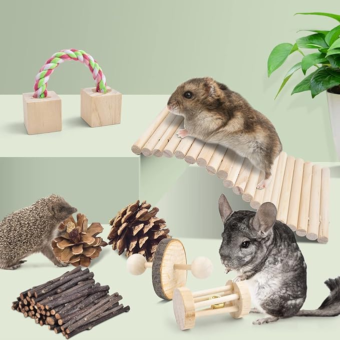 ERKOON New 12 Pack Hamster Chew Toys Gerbil Rat Guinea Pig Chinchilla Chew Toys Accessories, Natural Wooden Dumbbells Exercise Bell Roller Teeth Care Molar Toy for Rabbits Bird Rabbits Hamster Gerbil