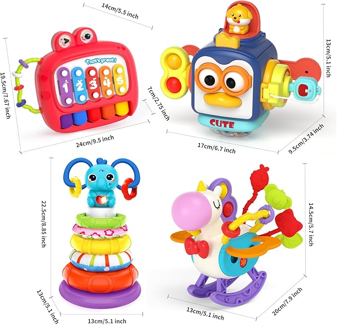 4 in 1 Baby Toys for 6 12 18 Month, Learning Toys for Babies 6-12 Months, Busy Cube, Stacking Sorter, Piano Xylophone Pull String Travel Toy, Birthday Gifts for Toddlers 1 2 Years Old