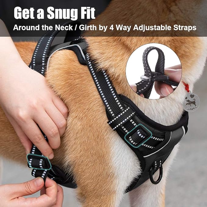 PoyPet No Pull Dog Harness, Reflective Comfortable Vest Harness with Front & Back 2 Leash Attachments and Easy Control Handle Adjustable Soft Padded Pet Vest for Small to Large Dogs (Black,S)
