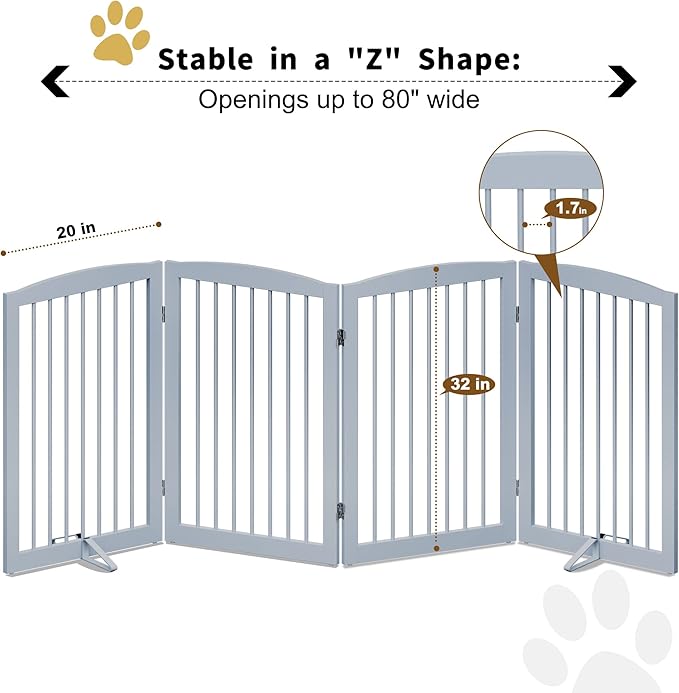 Freestanding Wooden Pet Gate - Foldable Indoor Dog Gate, 80 Inch Wide, 4 Panels, Grey