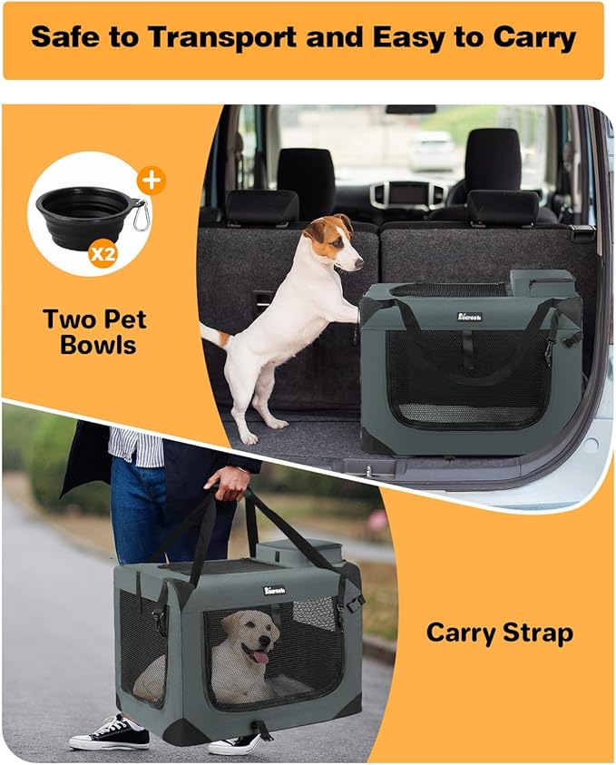 Extra Large Dog Crate with 2 Foldable Bowl, 40 Inch Collapsible Travel Dog Crate Kennel with Soft Blanket for Medium Dogs,Indoor & Outdoor (40" L x 27" W x 27" H, Grey)