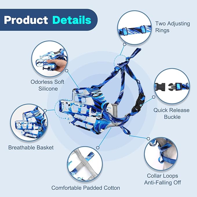 Basket Muzzle to Prevent Biting, Dog Muzzle for Large Medium Small Dogs Allows Panting Drinking Anti Chewing, Perfect for Grooming Trimming Training and Aggressive Reactive Dogs (Blue, Size 5)
