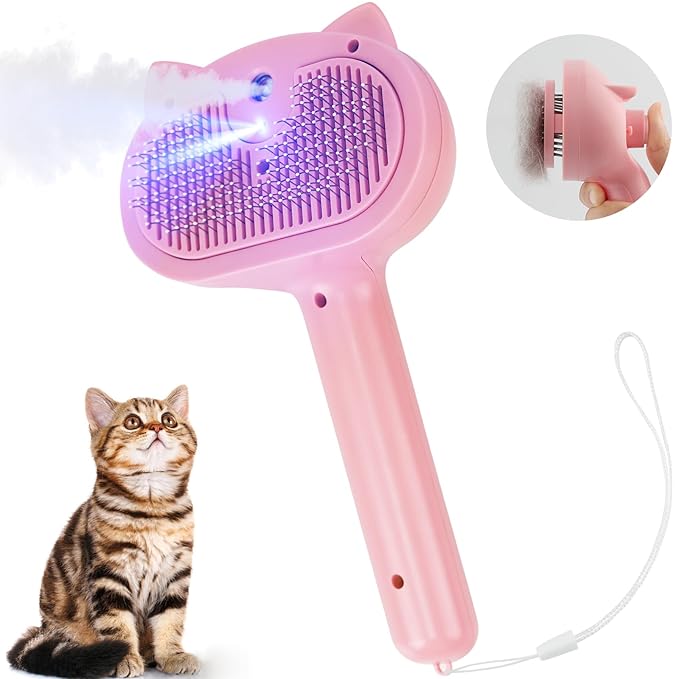 Cat Steam Brush for Shedding, 4 in 1 Steamy Cat Brush with Release Button, Self Cleaning Metal Pet Misting Hair Comb with Handle for Grooming Kitten Dog(Pink)