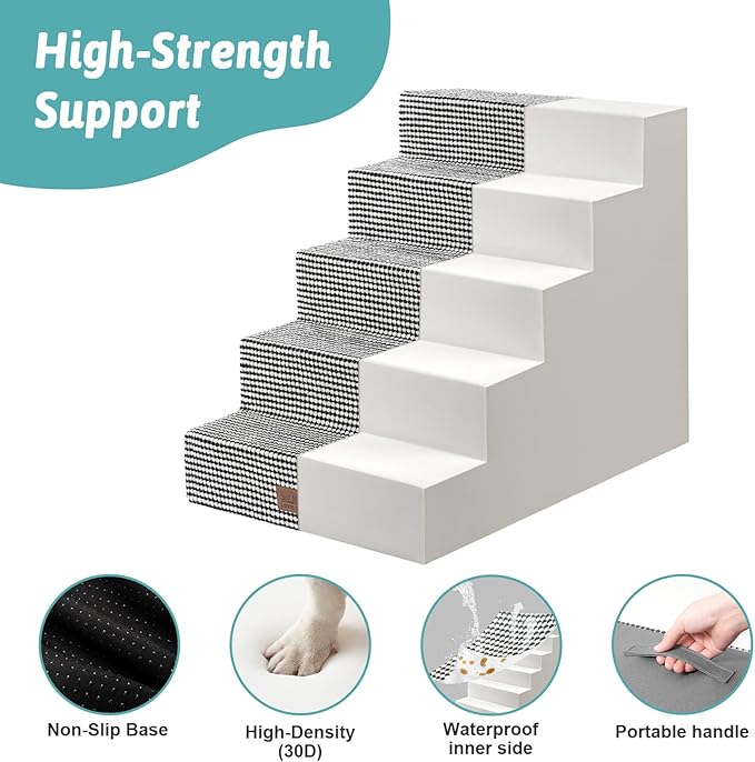 Dog Stairs for Small Dogs, 5 Tier Wider Pet Stairs for High Beds, 23.6" H Non-Slip Dog Steps for Old Cats, Puppies, Small Medium Dogs, 29.5x19.7x23.6 inch, White Black