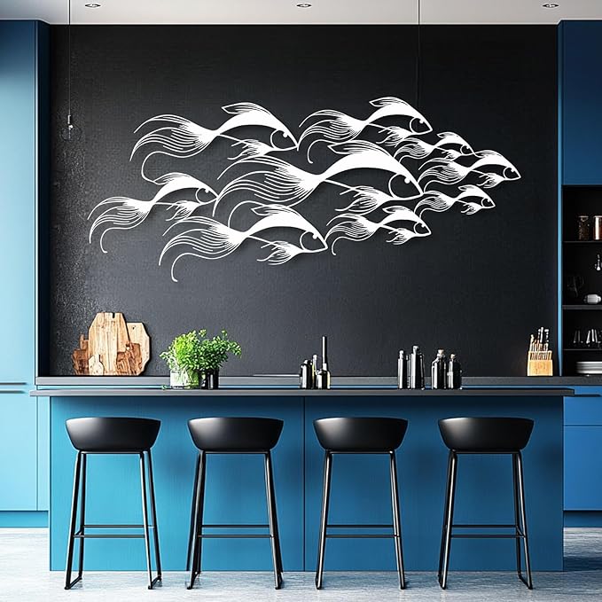 School of Fish Metal Wall Art, Metal Fish Wall Decor, Sea Life Wall Art, Large Nautical Wall Hanging, Modern Beach House Wall Decor, Ocean Themed Artwork for Bathroom (Gold, 41"x18" | 105x45cm)