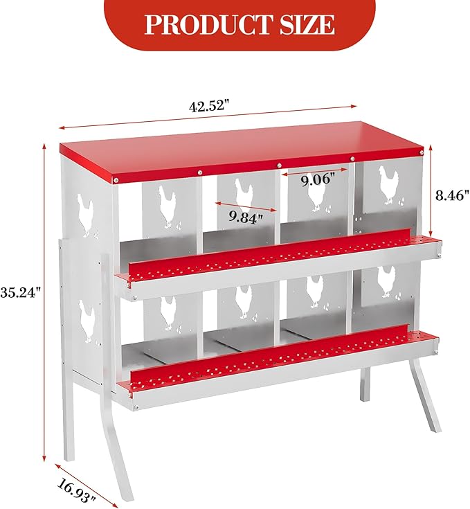 8 Hole Chicken Nesting Box with Roll Out Egg Tray, Rustproof & Ventilated Chicken Laying Boxes for Hens, Chickens, Ducks | Easy-Clean Poultry Coop Accessories, Red with Stand