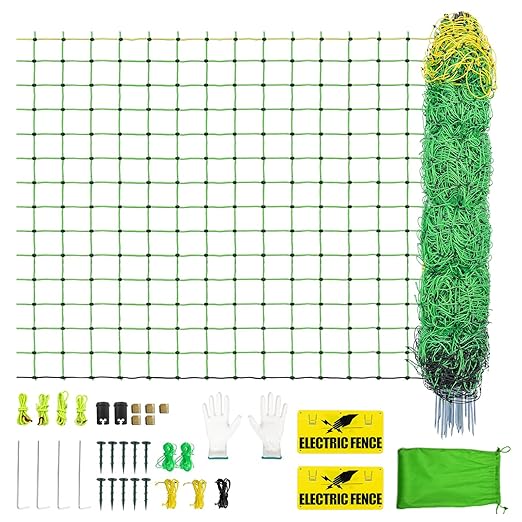 Electric Fence Netting,164'Lx49.6"H, Electric Livestock Netting with 14 Double Barbed Poles, Suitable for Pigs, Cows, Sheep and Other Large Animals, Portable Electric Fence for Farms, Ranches