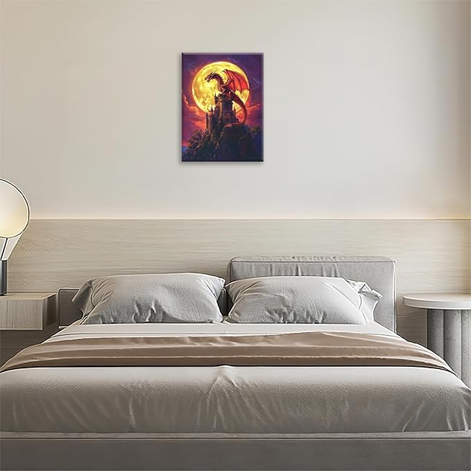 Dragon Bathroom Pictures Wall Art, Red Dragon Castle Bathroom Wall Decor, Framed Painting Canvas Artwork for Bedroom Living Room Decorations 20"L x 16"W