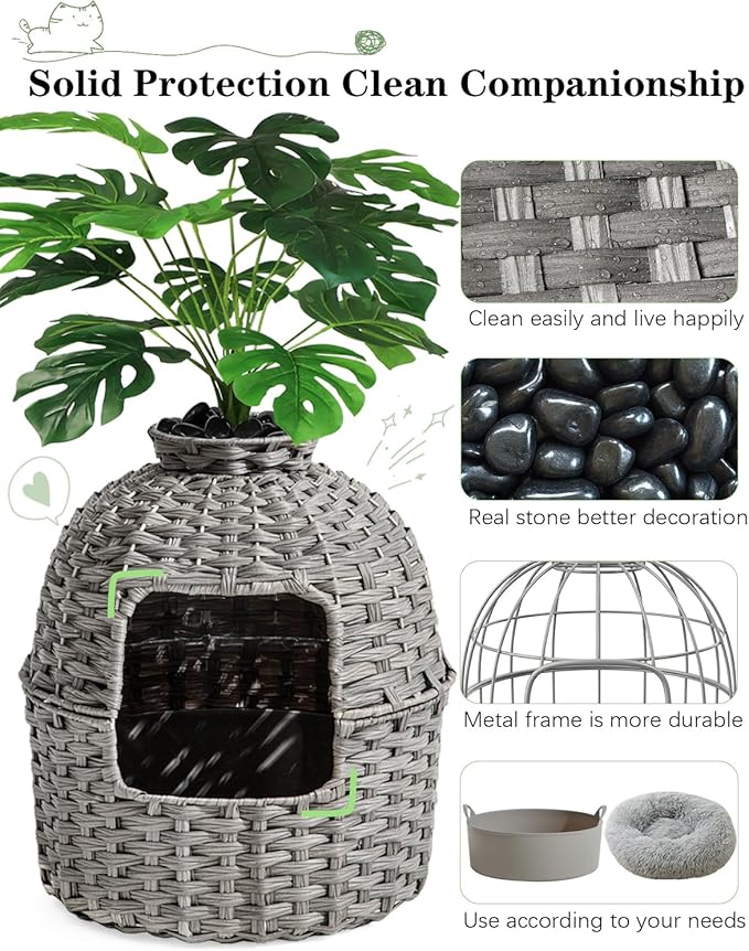 Cat Litter Box Plant Enclosure, Hidden Handwoven Rattan with Cat Litter Box Furniture and Artificial Plants, Odor Control Filter, Real Stones in Living Room, Bedroom, Corner (Gray)