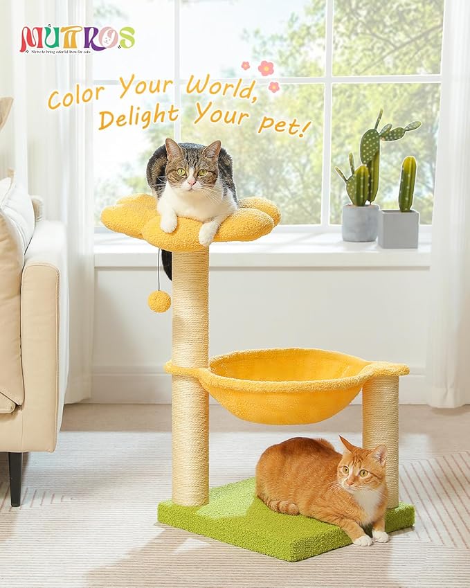 28" Flower Cat Tree Cute with Flower Top Perch, Large Hammock for Indoor Small Cats, Small Cat Tower with Cute Scratching Post and Fur Toy Ball for Kittens, Yellow