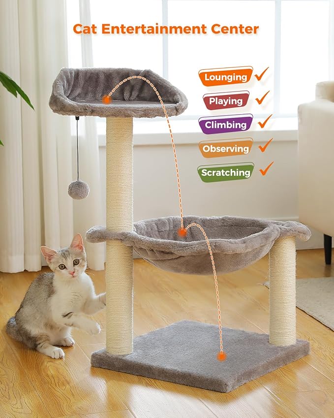 Cat Tree 28", Cat Scratching Post with 15.7" Large Cat Hammock Bed for Indoor Small Cats, Grey