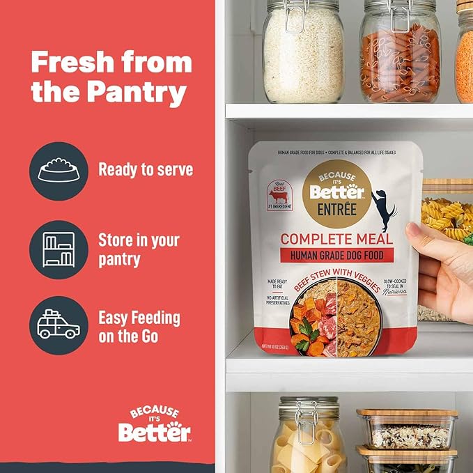 Because it's Better Entrée Complete Meal, Beef Stew with Veggies, Human Grade Wet Dog Food, 10 oz Pouches, 6 Count