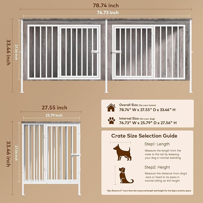 78 Inch Dog Cage Furniture for 2 Large/Medium Dogs with Removable Divider, Extra Large Double Doors Dog Kennel, XXL Thick Wooden Dog cage Furniture, Durable and Sturdy, Beige