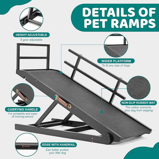 Dog Ramp for Bed, Adjustable Pet Ramps for Dog to Get on Bed, Non-Slip Rubber Surface - Folding Wooden Dog Ramp for Small/Large/Old Dogs, Adjustable up to 27.5 inch High Beds, Safety Railings