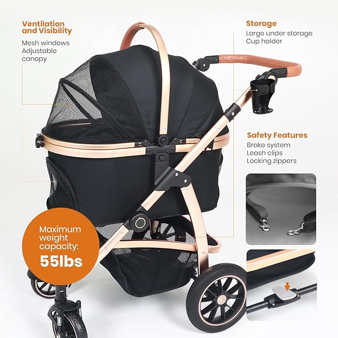 3 in 1 Pet Stroller - Stroller for Small to Medium Dogs and Cats up to 55 lbs, with Detachable Carrier/Car Seat, Foldable and Lightweight, Detachable Cushion + Cup Holder (Black/Gold)