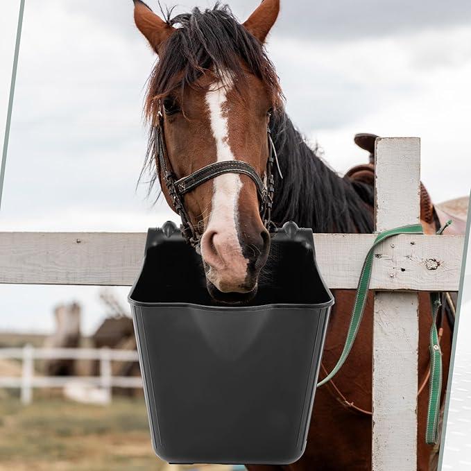 Marsui 8 Pcs 15 Quart Horse Feeders for Stall Hook Over Hanging Fence Hay Feeder Mountable Livestock Plastic Feed Bucket for Farm Stalls Pasture, Stable to Feed Horses Sheep Cattle Cows Etc (Black)