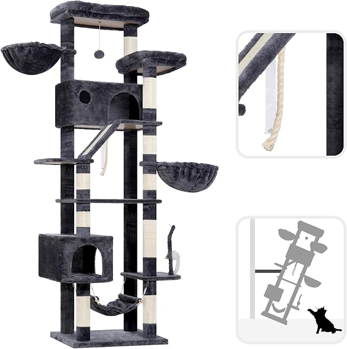 Cat Tree for Large Cats, 78.7"(200cm) Tall Cat Tower for Indoor Cats Multiple Cats with Large Top Perch, Cat Condo, Cat Hammcok, Cat Scratching Post, Dark Gray GCT031G