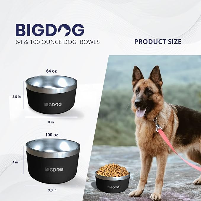 BIGDOG Dog Bowls, Large Dog Bowls, Stainless Steel, No Spill, 64 Ounce, White