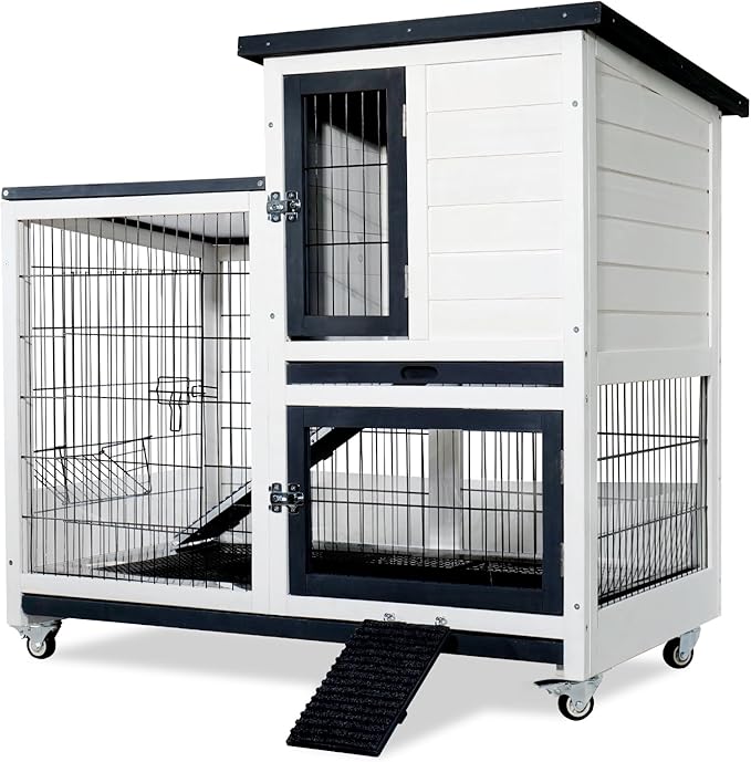 Bunny Hutch Indoor Rabbit Cage Outdoor 2-Story Rabbit House with Urine Guards and 2 Removable Tray for Small Animals