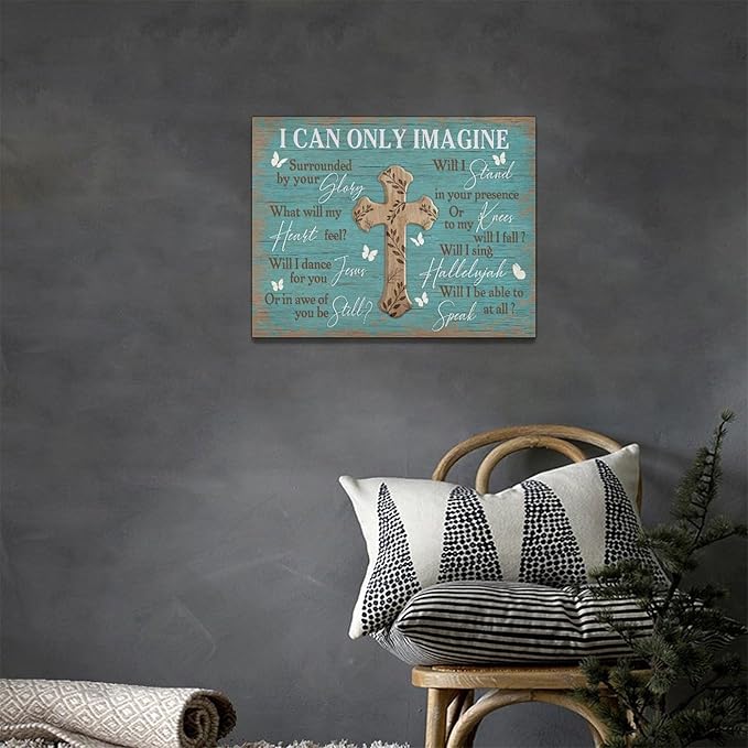 Rustic Christian Cross Wall Art I Can Only Imagine Pictures Farmhouse Butterfly Wall Decor Teal Motivational Canvas Print Painting Artwork for Bathroom Living Room Bedroom 12"x16"