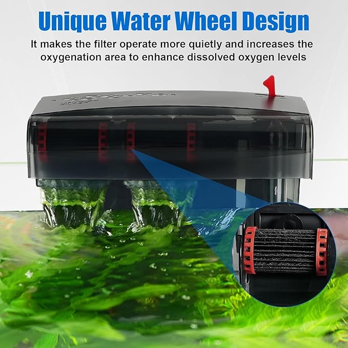 AQQA Aquarium Filter 20-50 Gallon Fish Tank Filters with Double Waterfall, Hang on Back Aquarium Filter with Bio-Wheel Power, Adjustable Flow, Quiet Efficient and Silent Operation (10W 125 GPH)