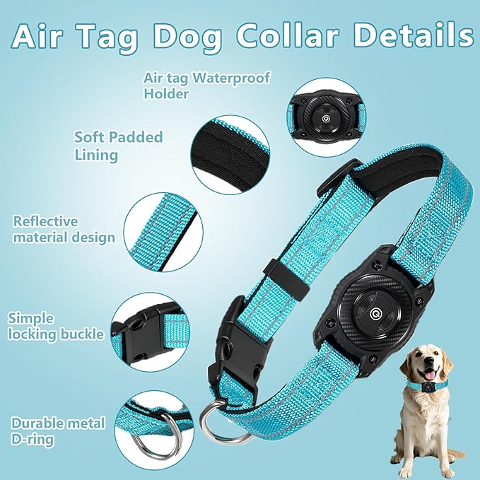 Air -Tag Dog Collar Waterproof Dog Air Tracker Chip for Apple Find My (iOS only) Reflective Strip Real Time Anti-Loss Tags Ultra-Durable GPS Pet Tracking Collar, Sky Blue M (12.4''-17.3'')