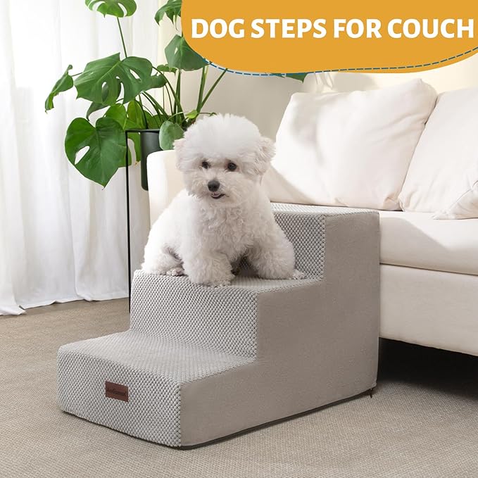 Dog Stairs for Small Dogs & Cats, 3-Step Extra Wide Non-Slip Pet Steps for Couch Sofa and Chair, Light Grey, 15.7" H