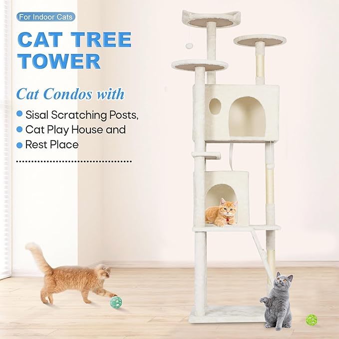 FDW Cat Tree Tower 62in Multi-Level Durable Cat Scratching Post & Cozy Fun Jumping Platform Space Saving Condo Pet Play House for Indoor Cats, Beige