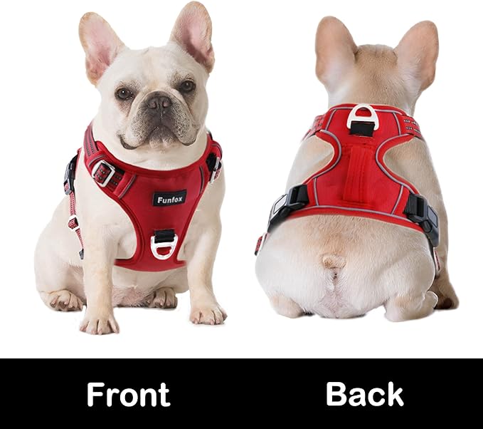 Funfox Dog Harness No Pull, Adjustable Pet Vest Harness, Super Soft Material with Vertical Handle Easy Control, Reflective Night Walking, 2 Leash Clips for Large Dogs, Red, L