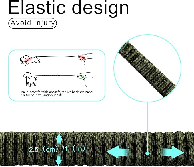 20” Strong Short Leash for Dog, Heavy Duty Bungee Dogs Leash with Padded Handle Car Seatbelt, Dog Training Leashs for Large or Medium Dogs - Can be Used with Other leashes (Army Green)