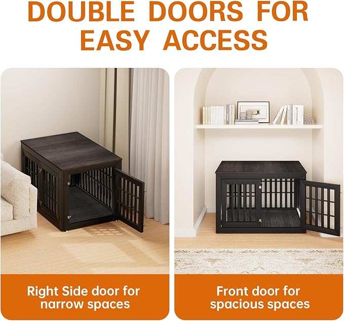 42" Heavy Duty Dog Crate Furniture for Small,Medium and Large Dogs,Rustic Wooden Dog Cage Kennel Indoor Furniture with Waterproof Top,Decorative Pet House Side End Table (Black & Grey)