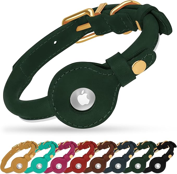 OOPSDOGGY Rolled Leather Dog Collar with Airtag Holder - Reflective Round Airtag Dog Collar - Soft Tracking Pet Collar for Small Dogs Puppy Cats Kitten (Green, XXL, 20"-24")