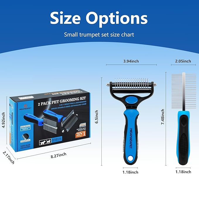 2-in-1 Shedding Brush and Detangling Comb Combo,Small Dog Stripping Brush, Dog and Cat Grooming Comb, 17 Stainless Steel Teeth Remove Tangled Hair, Pet Grooming Tools-Small